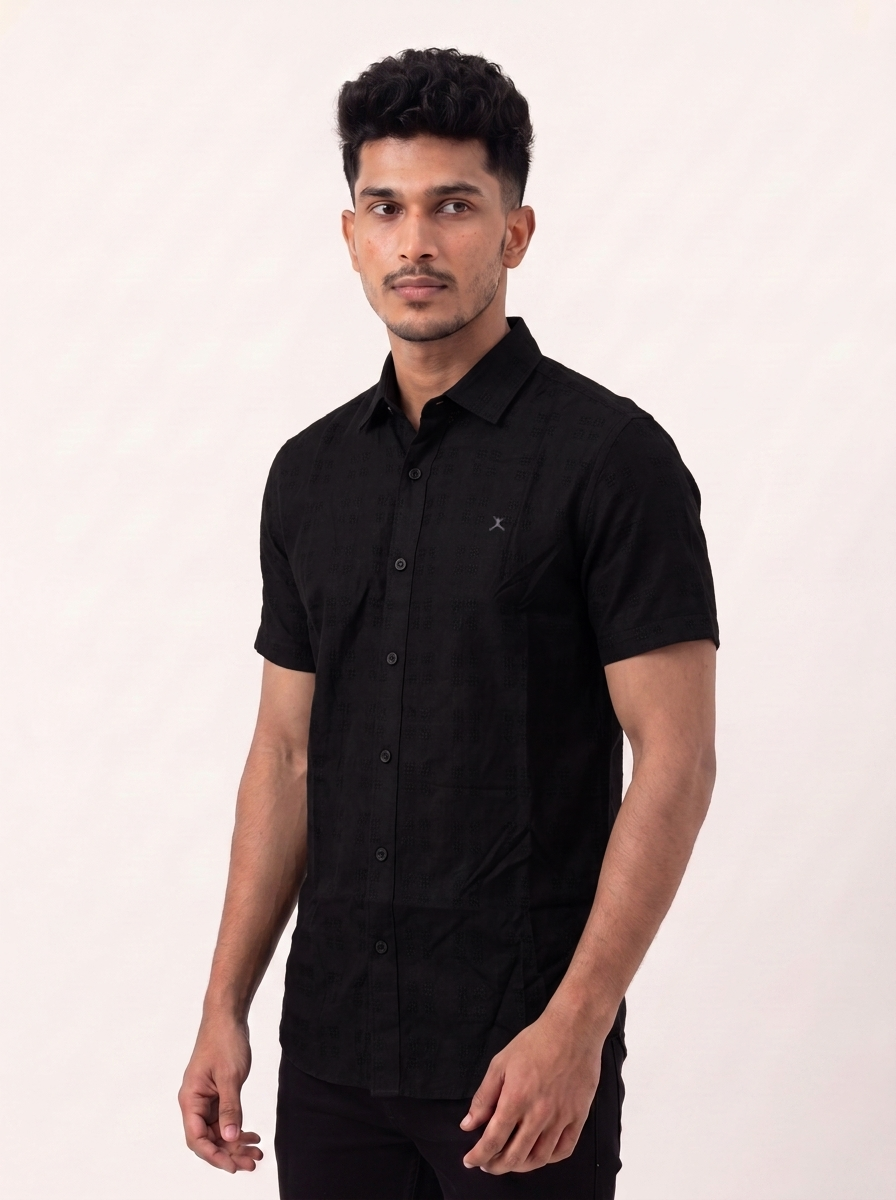 Slim Fit Cotton Plain S/S Shirt - Black