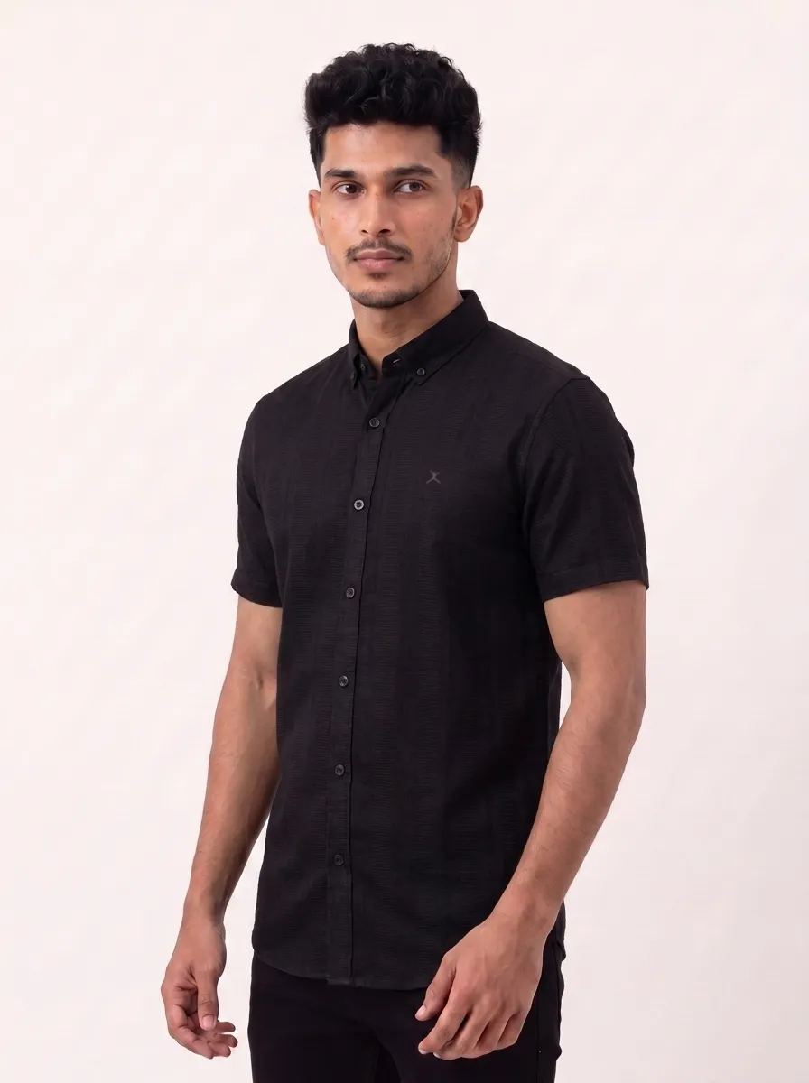 Slim Fit Cotton Plain S/S Shirt - Black