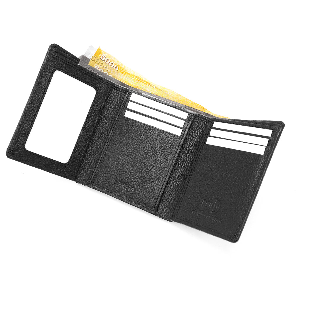 Genuine Leather RFID Tri Fold Wallet - Black