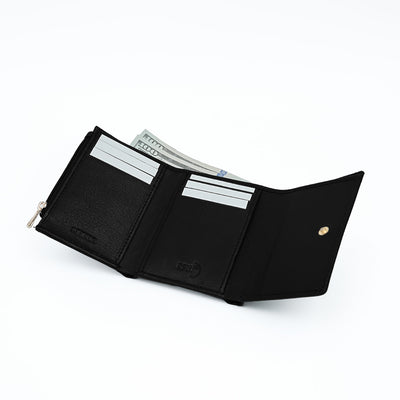 Italian Leather Ladies Tri Fold Wallet - Black