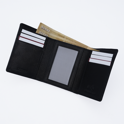 Genuine Leather RFID Tri Fold Wallet - Black