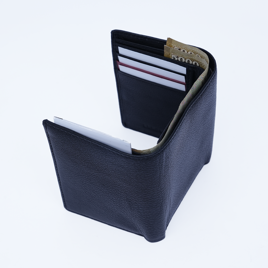 Genuine Leather RFID Tri Fold Wallet - Black