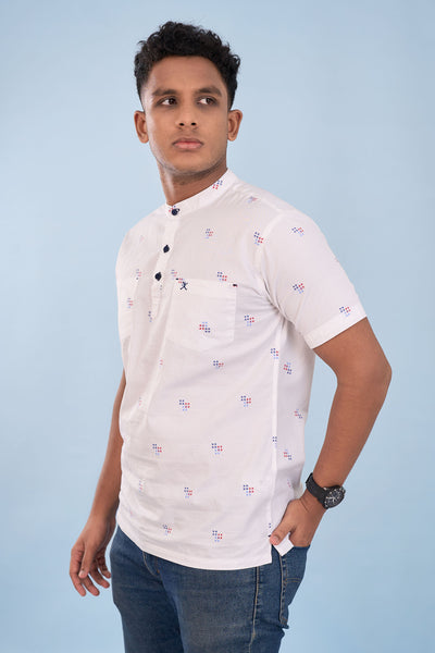 Regular Fit Printed Half Kurta Shirt - S/S - Blue | Red - Bricks