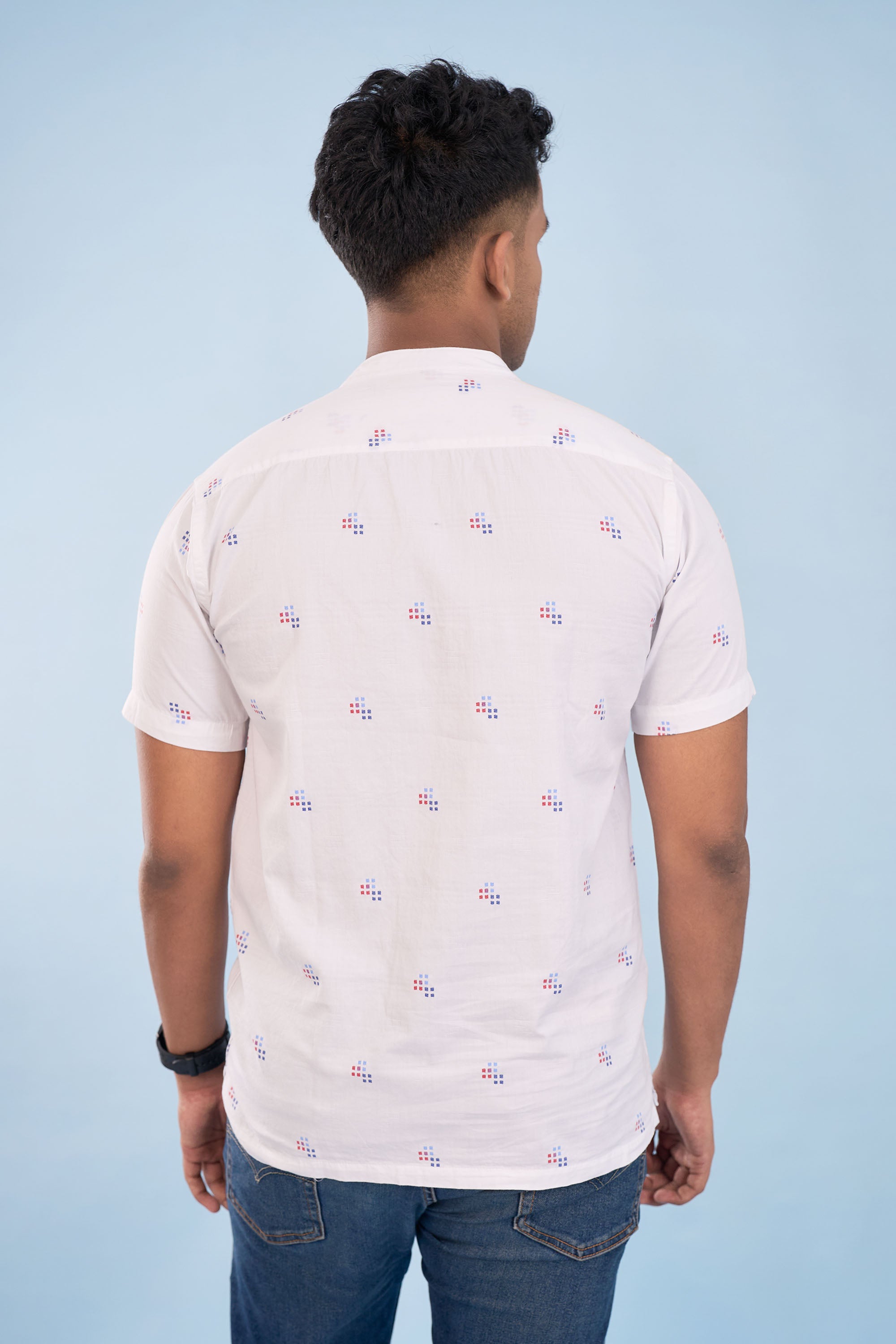 Regular Fit Printed Half Kurta Shirt - S/S - Blue | Red - Bricks