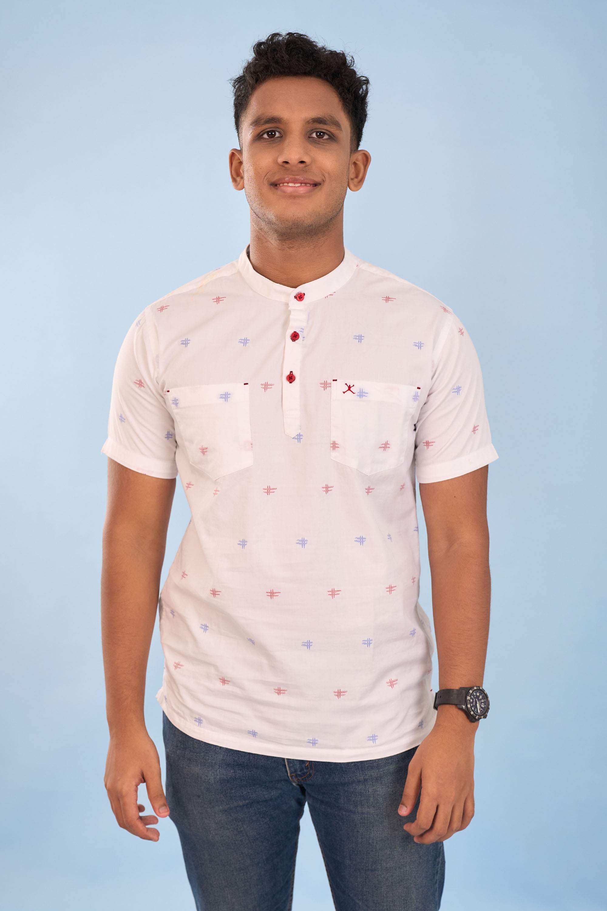 Regular Fit Printed Half Kurta Shirt - S/S - Blue| Red