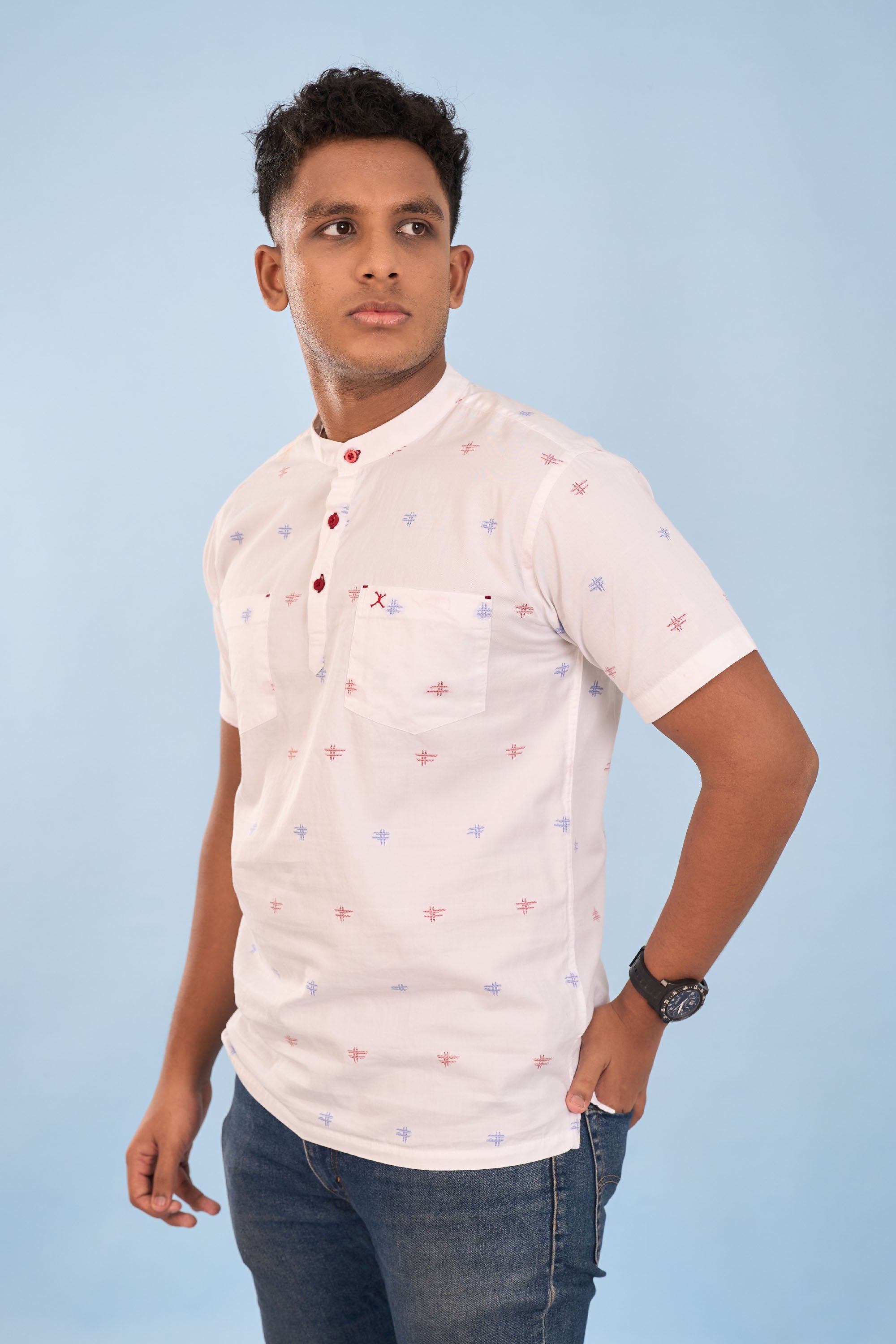 Regular Fit Printed Half Kurta Shirt - S/S - Blue| Red