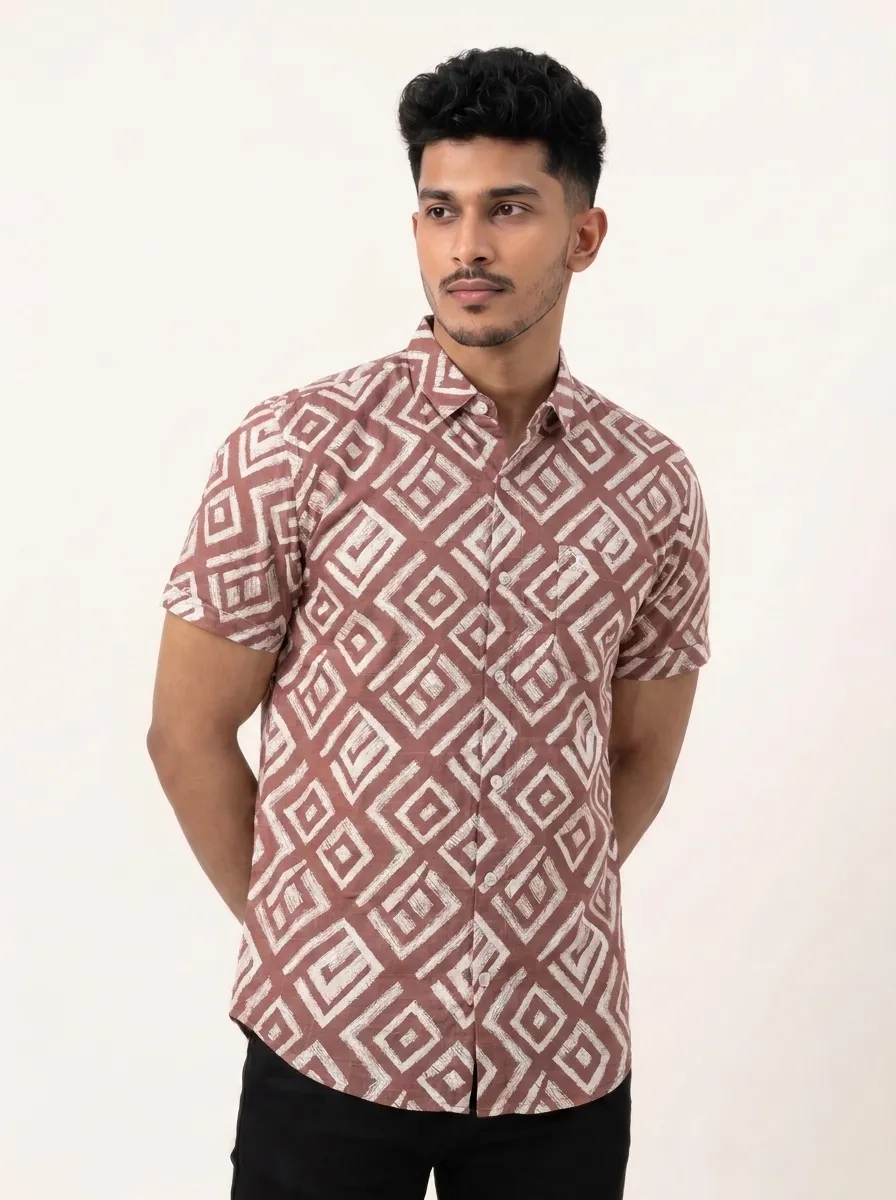 Slim Fit Cotton Printed Shirt S/S - Light Brown