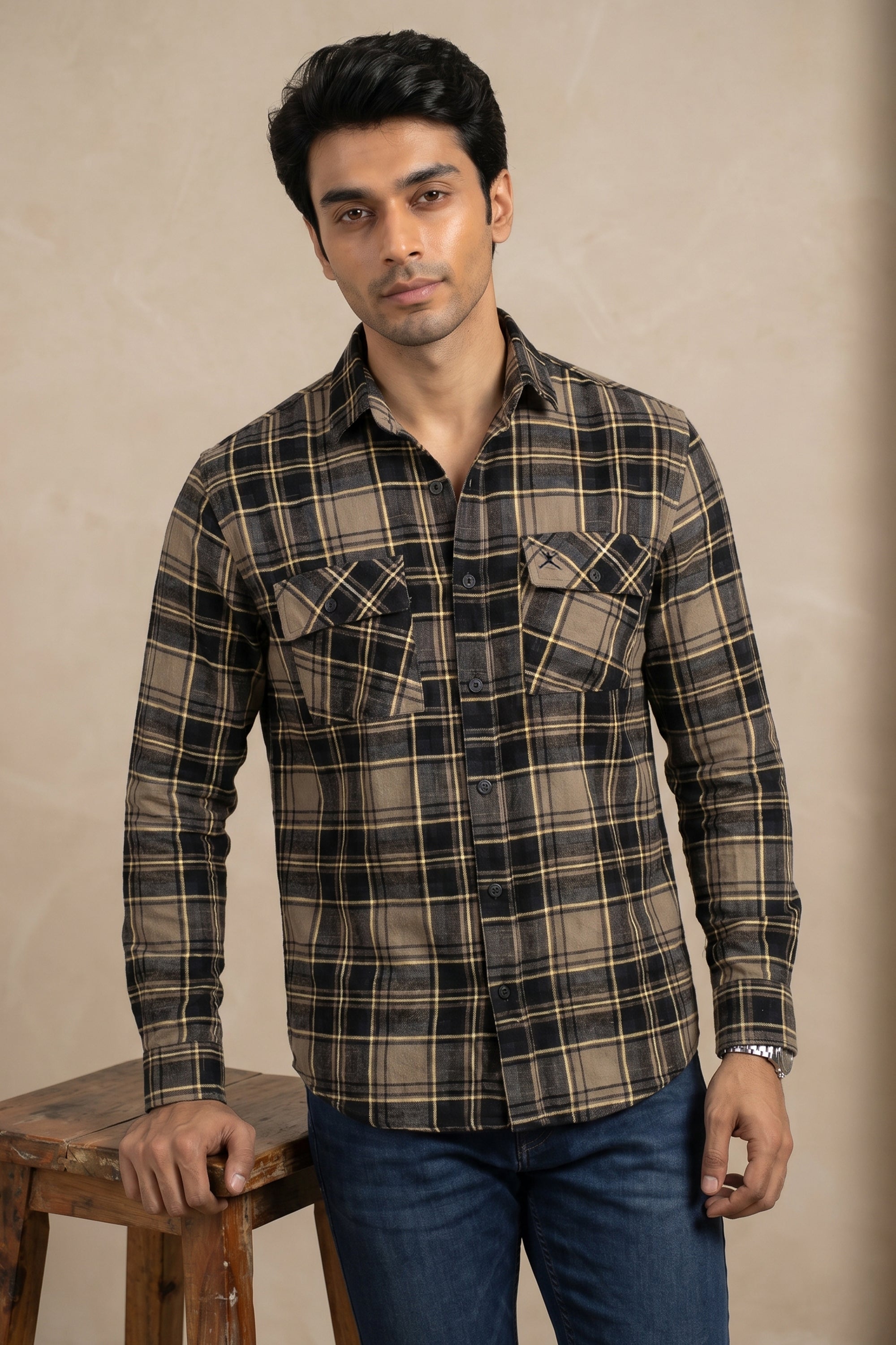 Slim Fit Cotton Double Pocket Check L/S Shirt