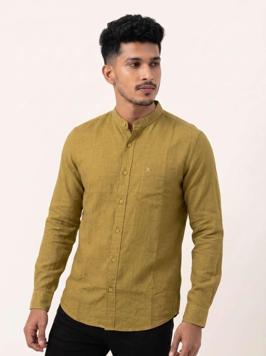 Slim Fit Cotton Linen L/S Shirt - Beige
