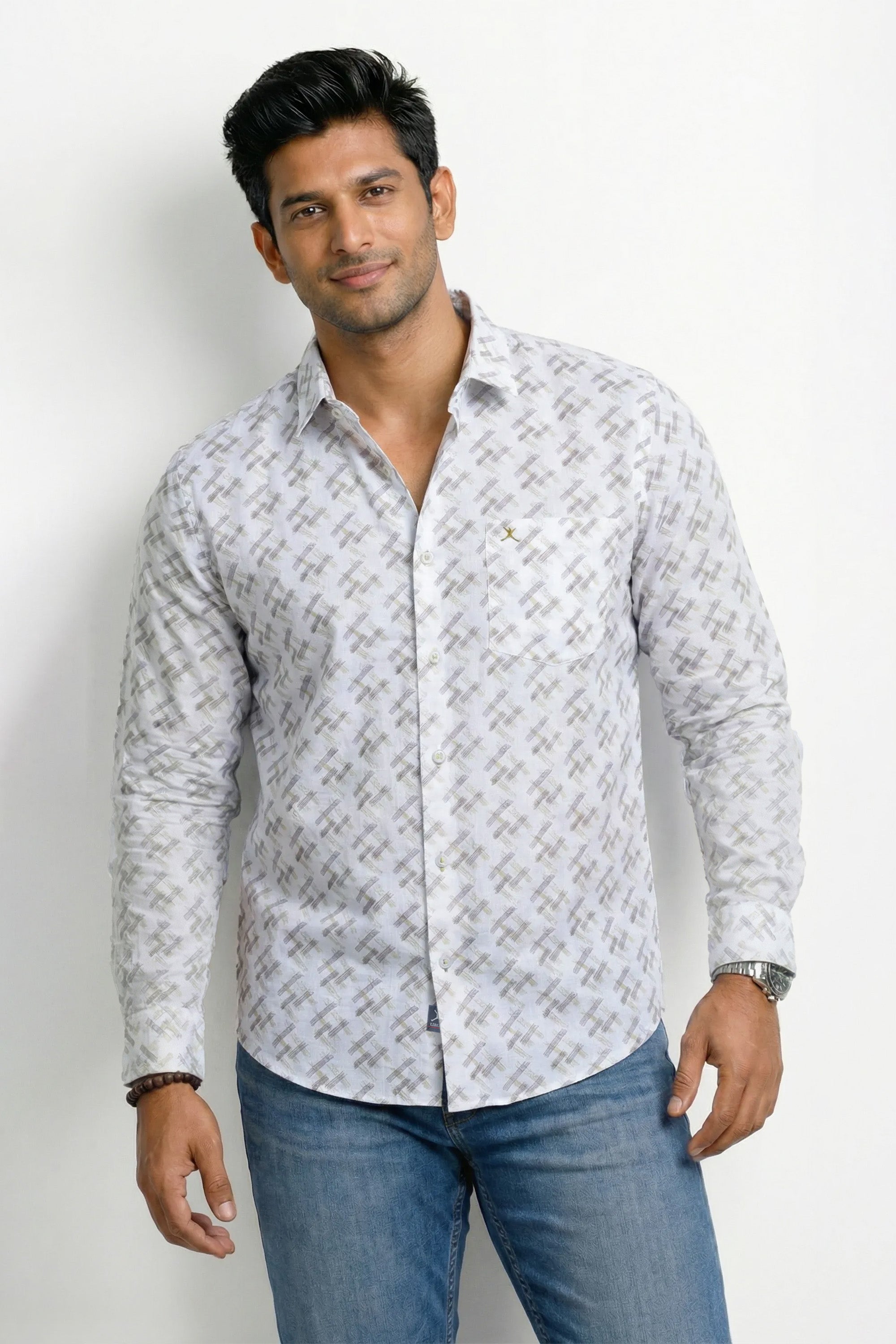 Slim Fit Cotton Linen Printed L/S Shirt
