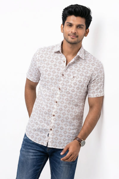 Slim Fit Cotton Linen Printed S/S Shirt