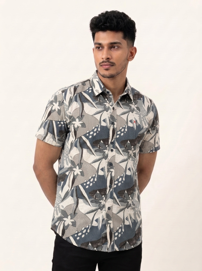 Slim Fit Cotton Printed S/S Shirt - Beige