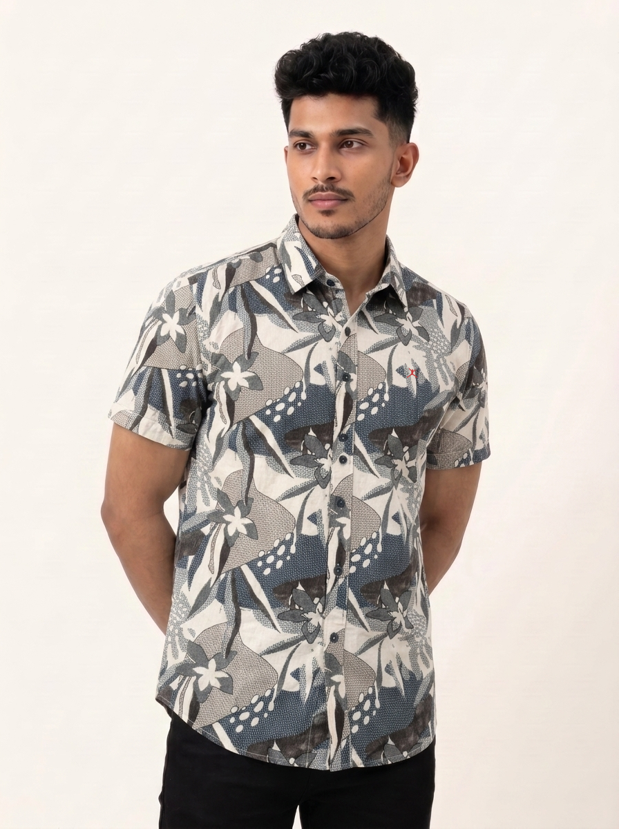 Slim Fit Cotton Printed S/S Shirt - Beige