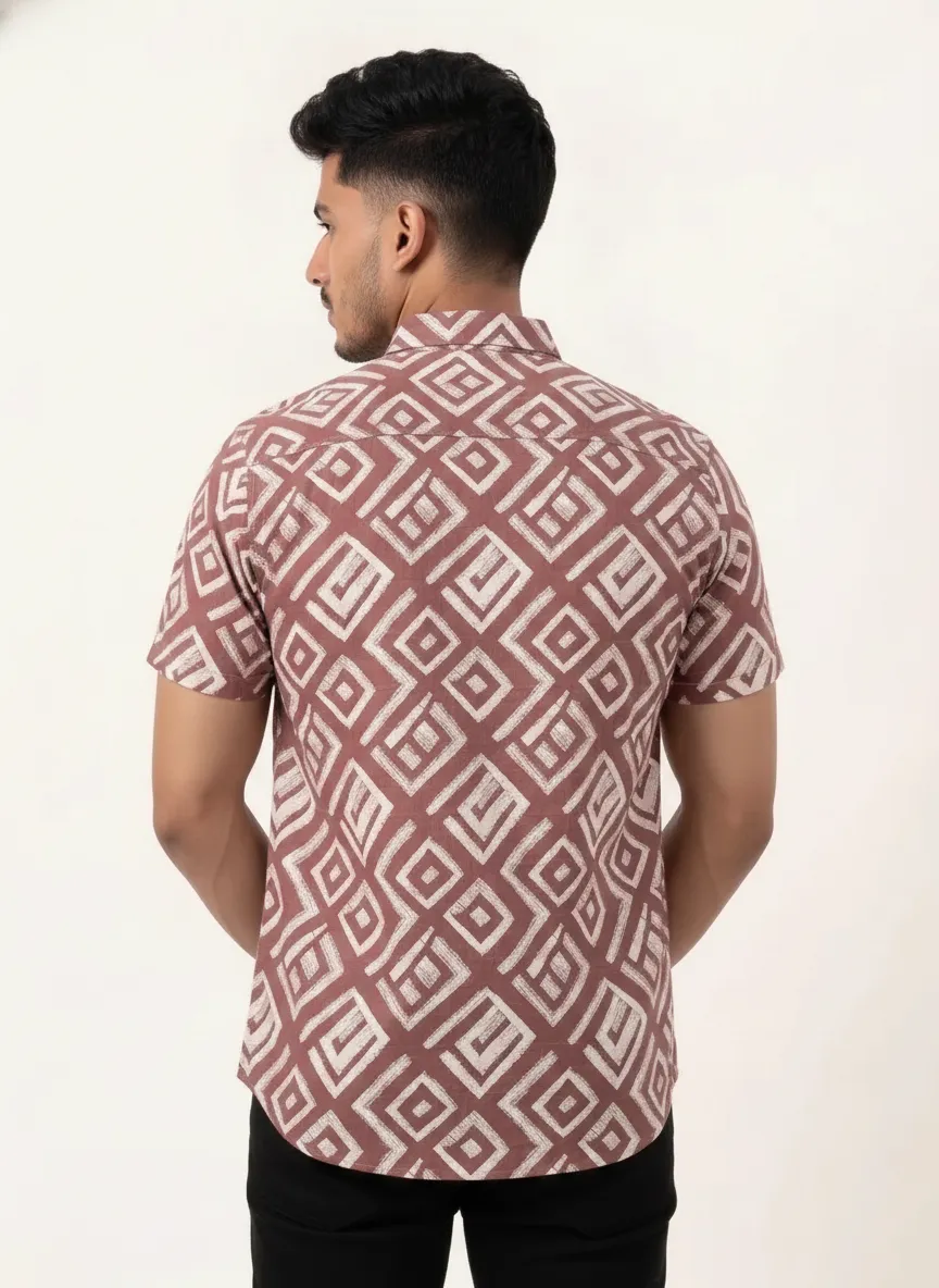 Slim Fit Cotton Printed Shirt S/S - Light Brown