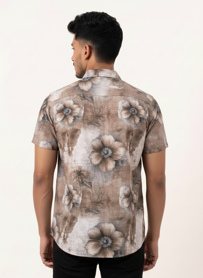 Slim Fit Cotton Printed S/S - Beige