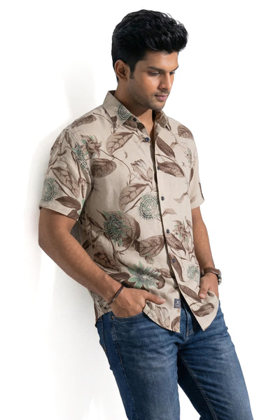 Slim Fit Cotton Linen Printed L/S Shirt
