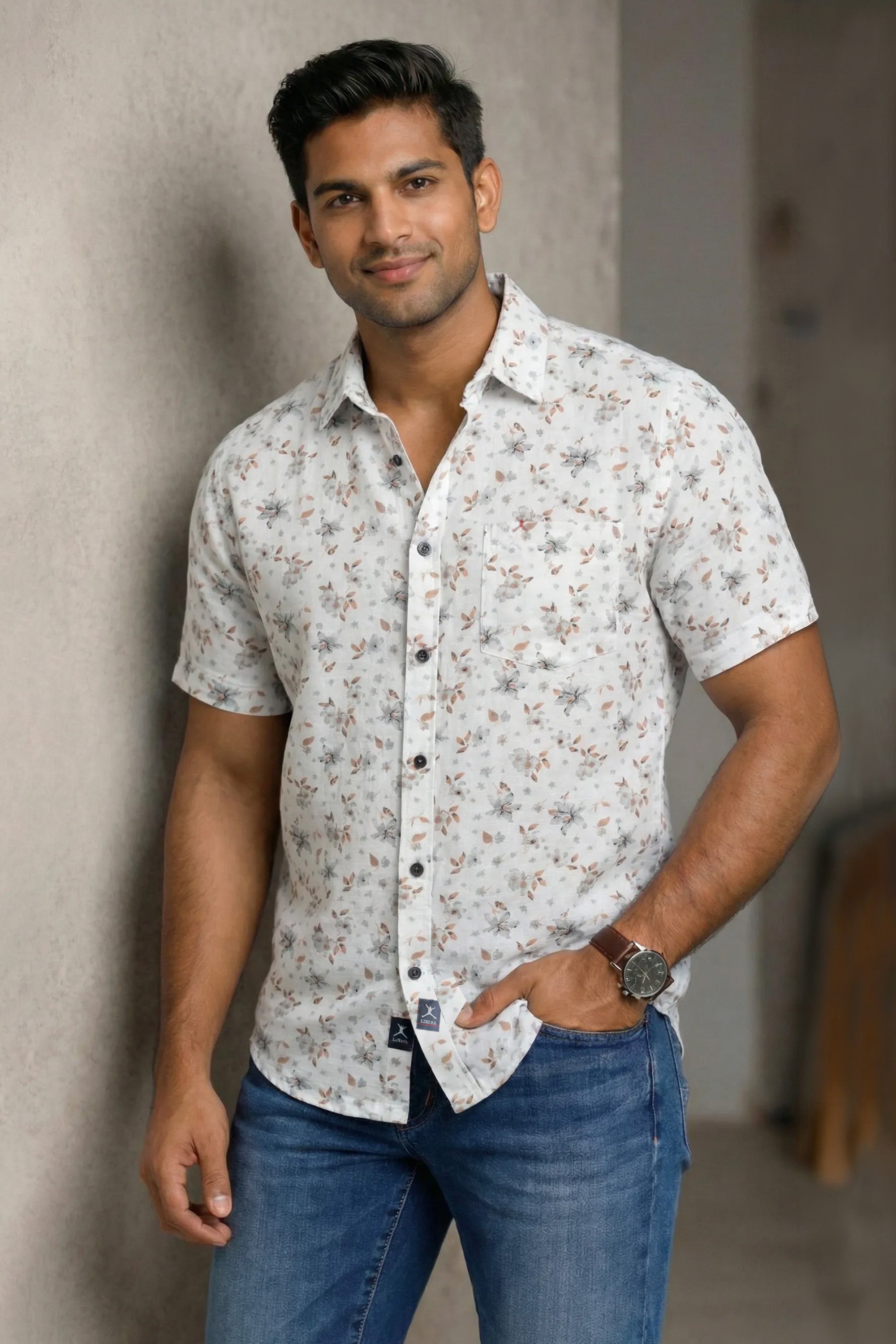 Slim Fit Cotton Linen Printed L/S Shirt