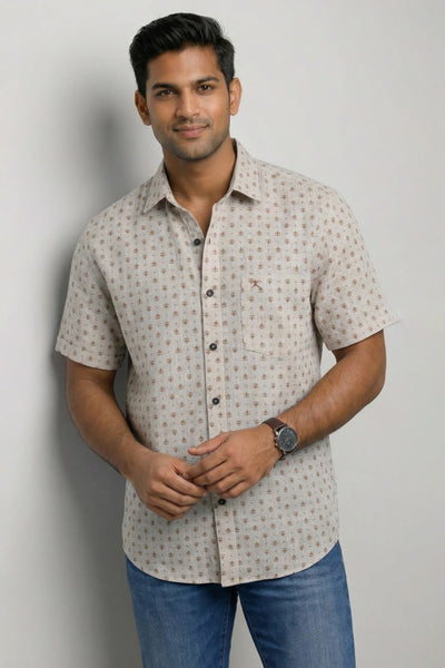 Slim Fit Cotton Linen Printed S/S Shirt