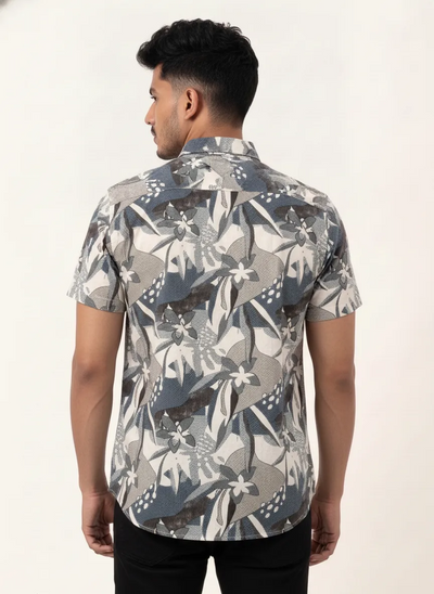 Slim Fit Cotton Printed S/S Shirt - Beige