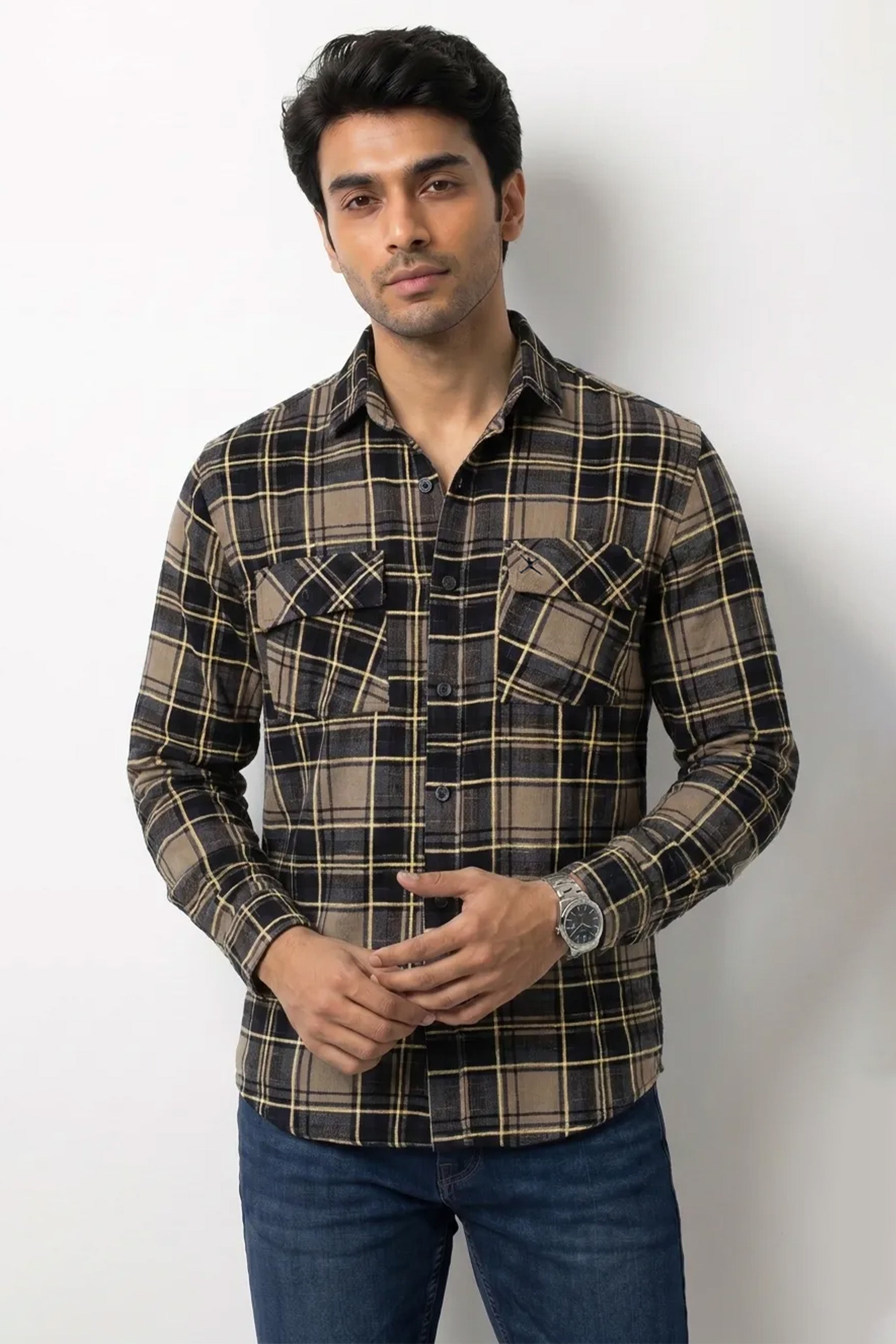 Slim Fit Cotton Double Pocket Check L/S Shirt