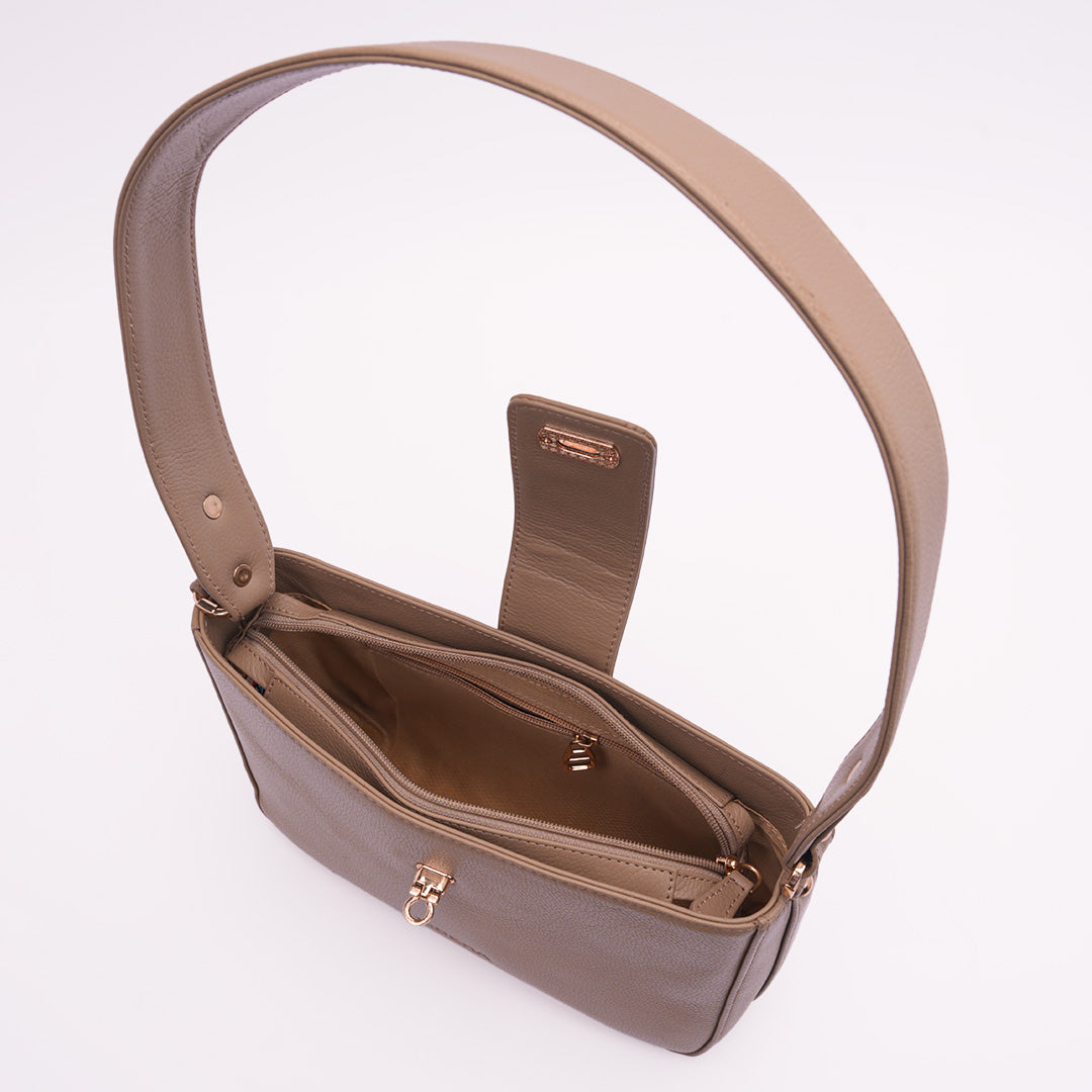 Italian Leather Ladies Shoulder Bag - Beige