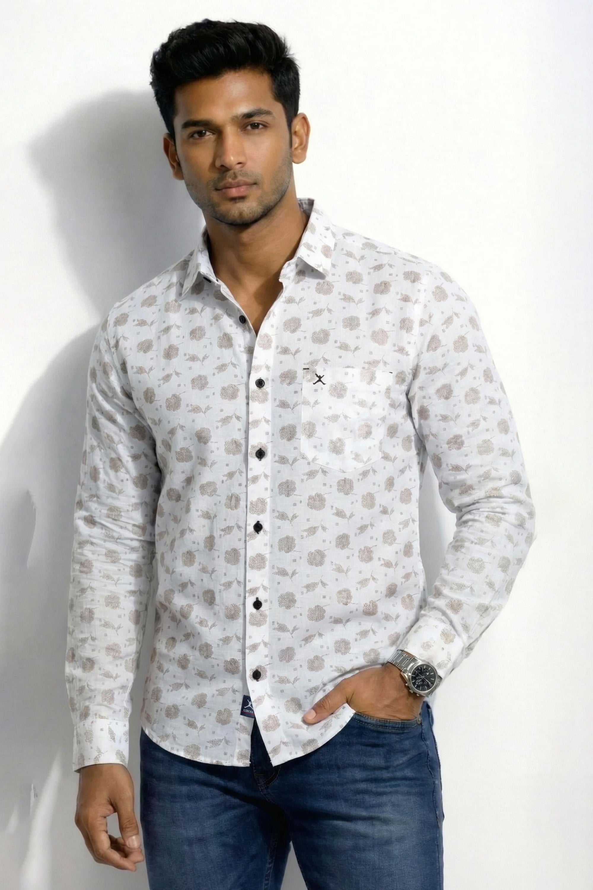 Slim Fit Cotton Linen Printed L/S Shirt