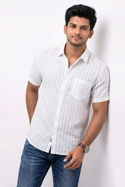 Slim Fit Cotton Linen Stripes S/S Shirt