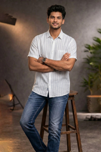 Slim Fit Cotton Linen Stripes S/S Shirt