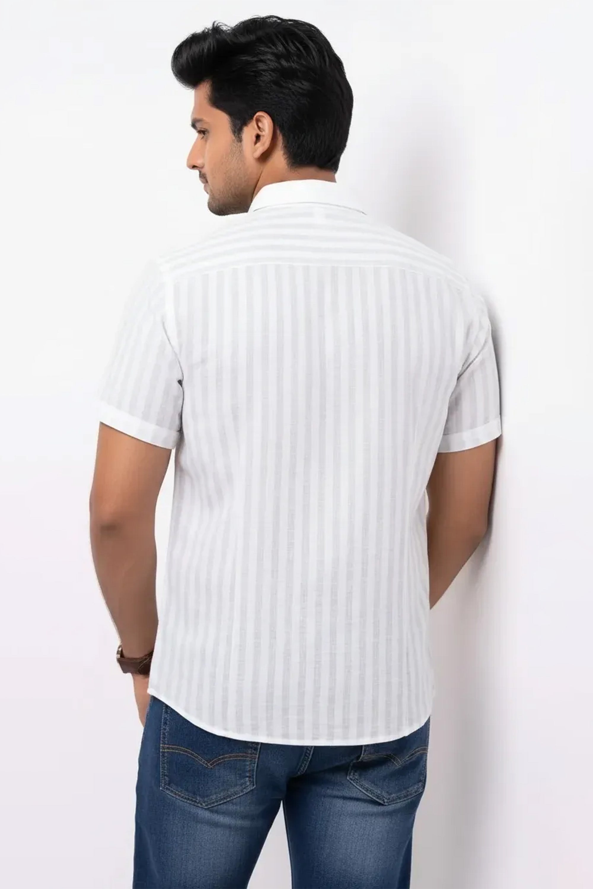 Slim Fit Cotton Linen Stripes S/S Shirt
