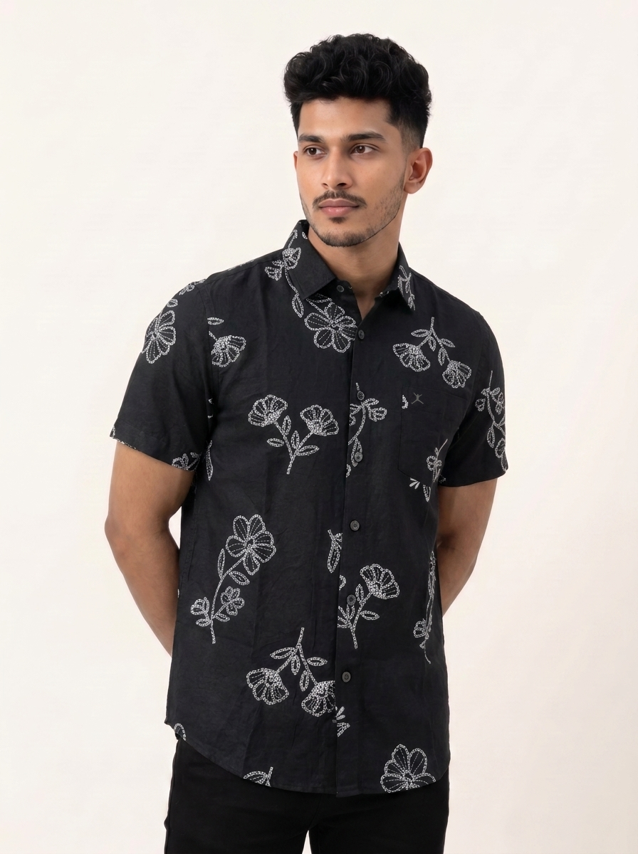 Slim Fit Cotton Floral Printed S/S Shirt - Black