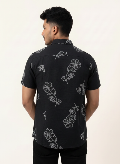 Slim Fit Cotton Floral Printed S/S Shirt - Black