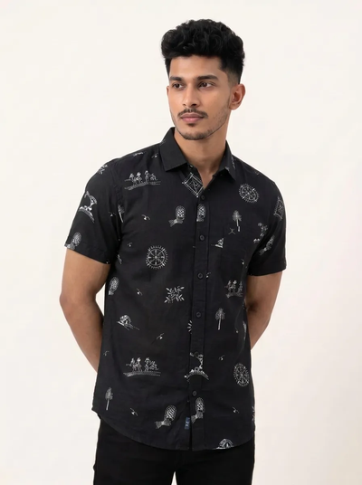 Slim Fit Cotton Leaf Printed S/S Shirt - Black