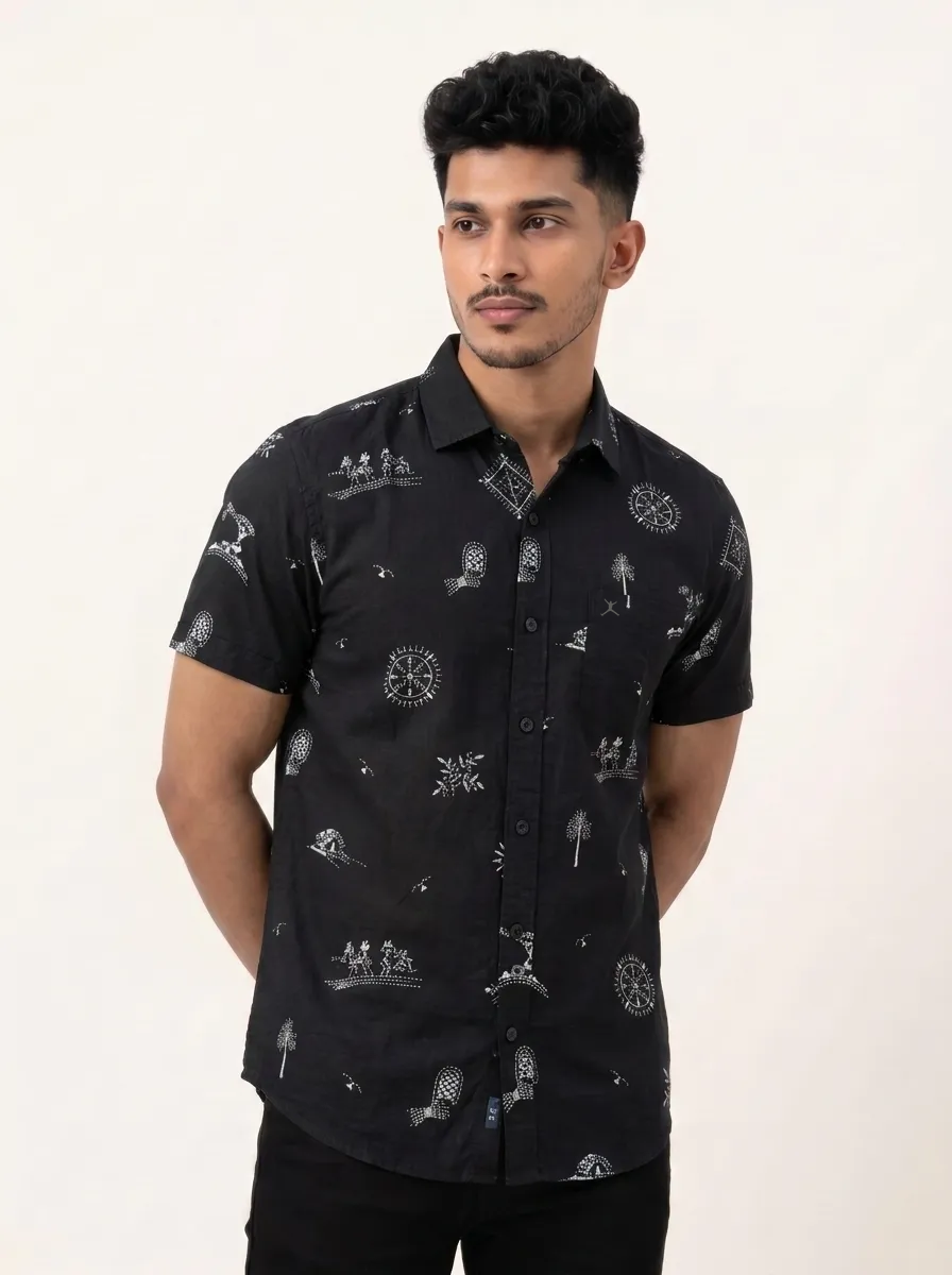 Slim Fit Cotton Leaf Printed S/S Shirt - Black