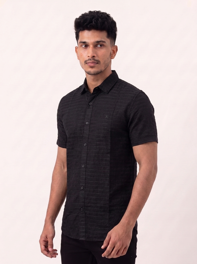 Slim Fit Cotton Stripes S/S Shirt - Black