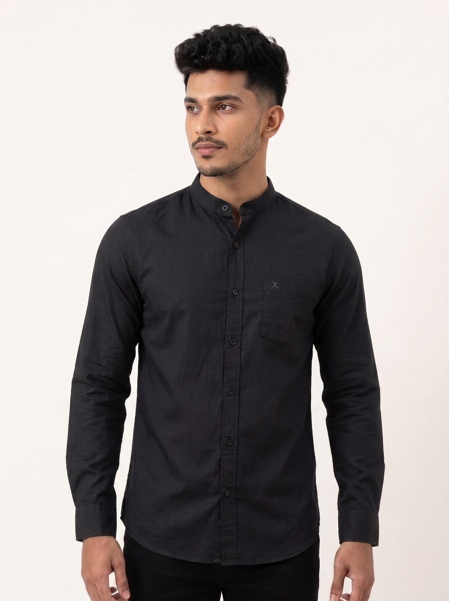 Slim Fit Cotton Plain Shirt L/S - Black