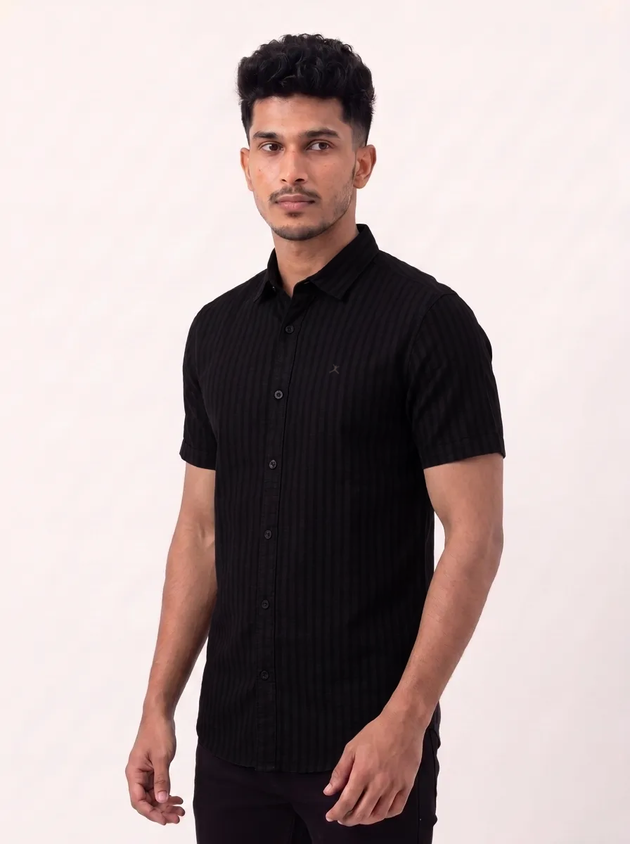 Slim Fit Cotton Linen Stripes S/S Shirt - Black