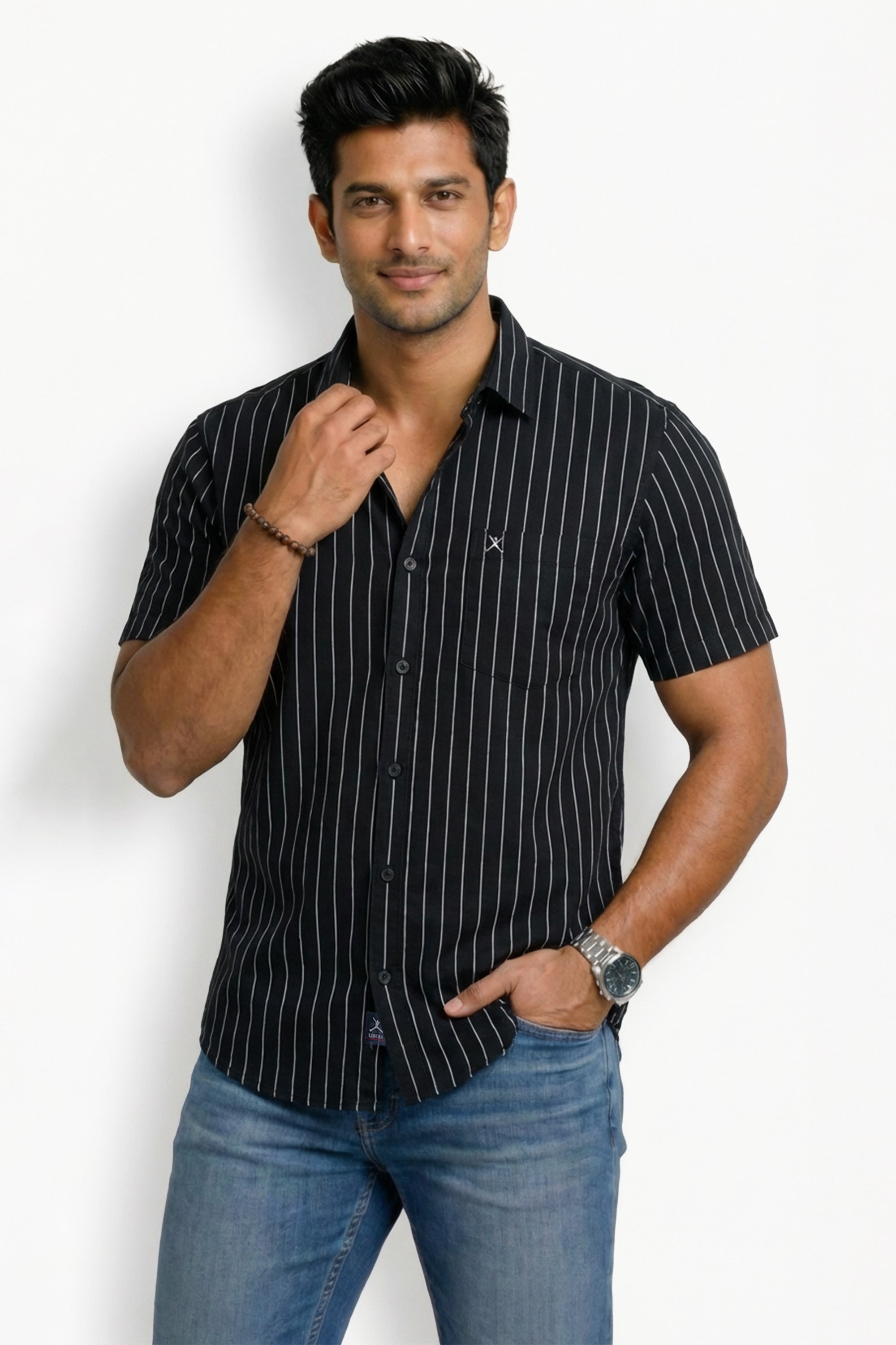Slim Fit Cotton Linen Stripes S/S Shirt