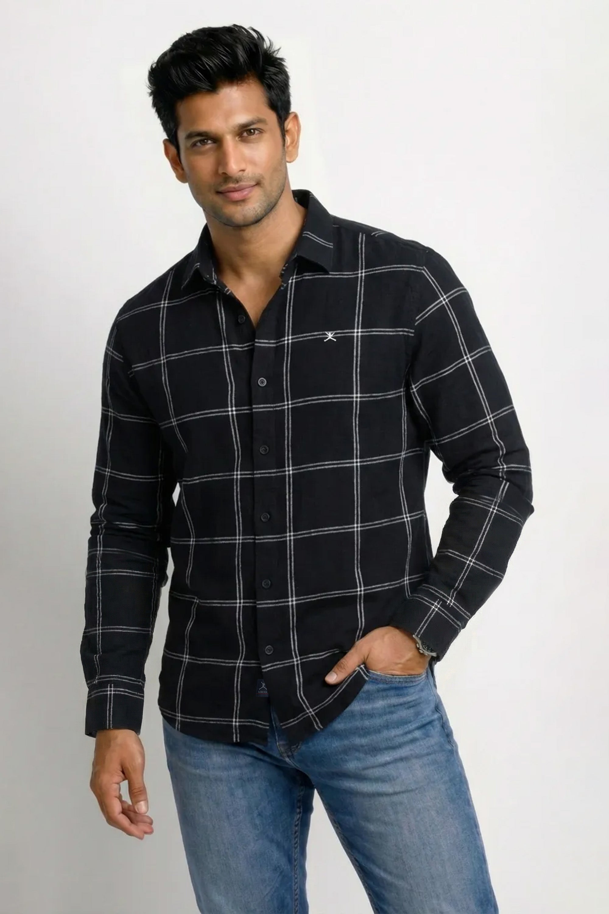 Slim Fit Cotton Linen Stripe Checks L/S Shirt