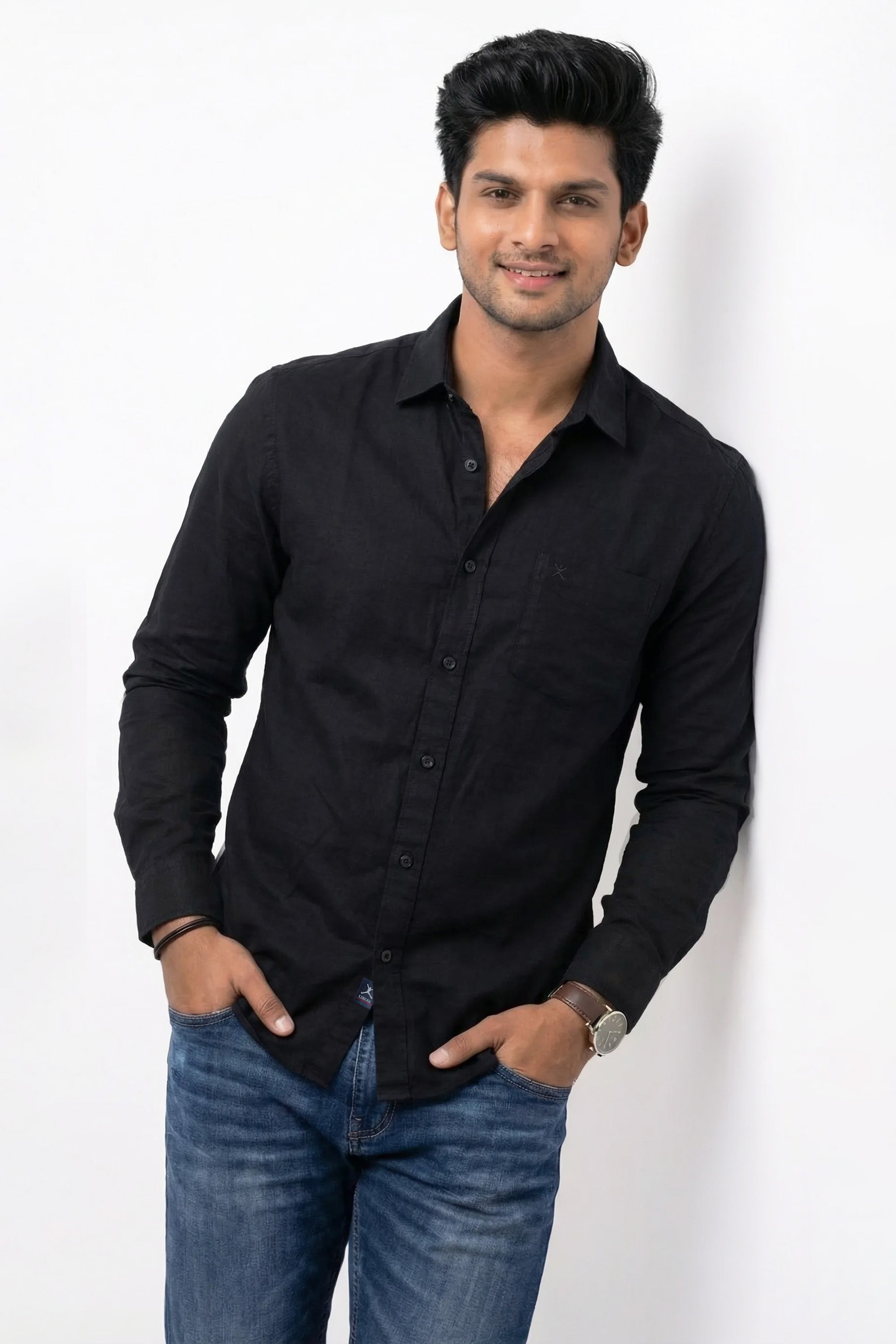 Slim Fit Cotton Linen Plain L/S Shirt
