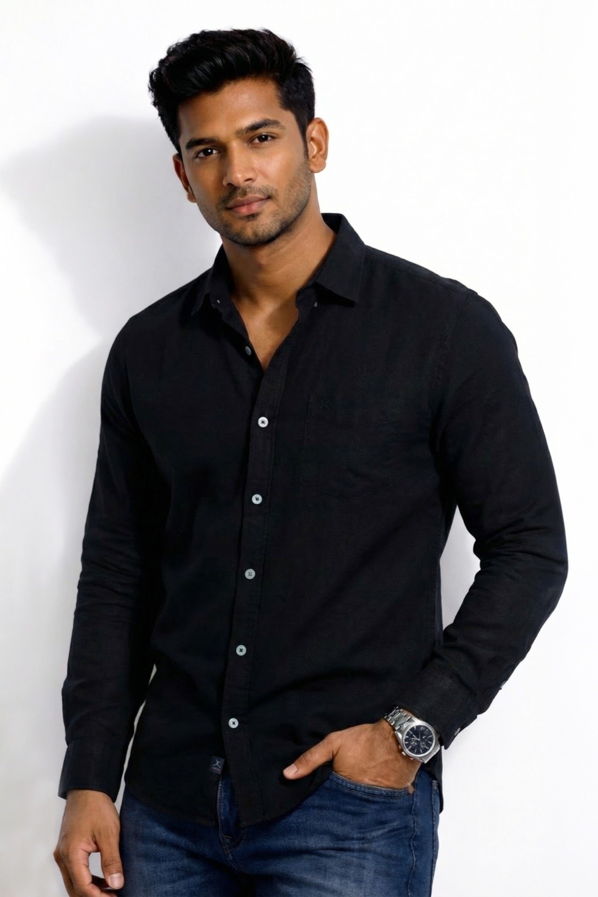 Slim Fit Cotton Linen Plain L/S Shirt