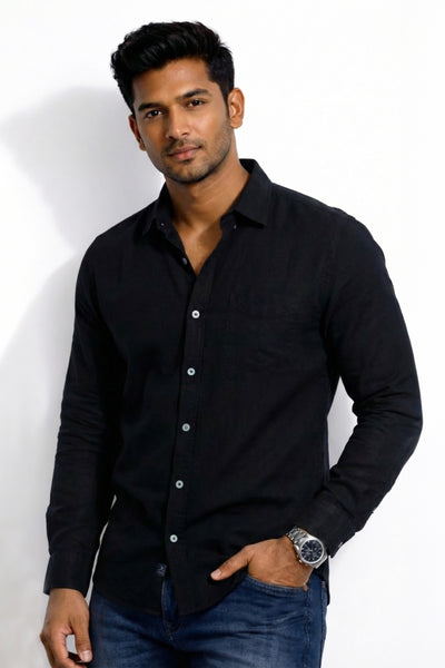 Slim Fit Cotton Linen Plain L/S Shirt