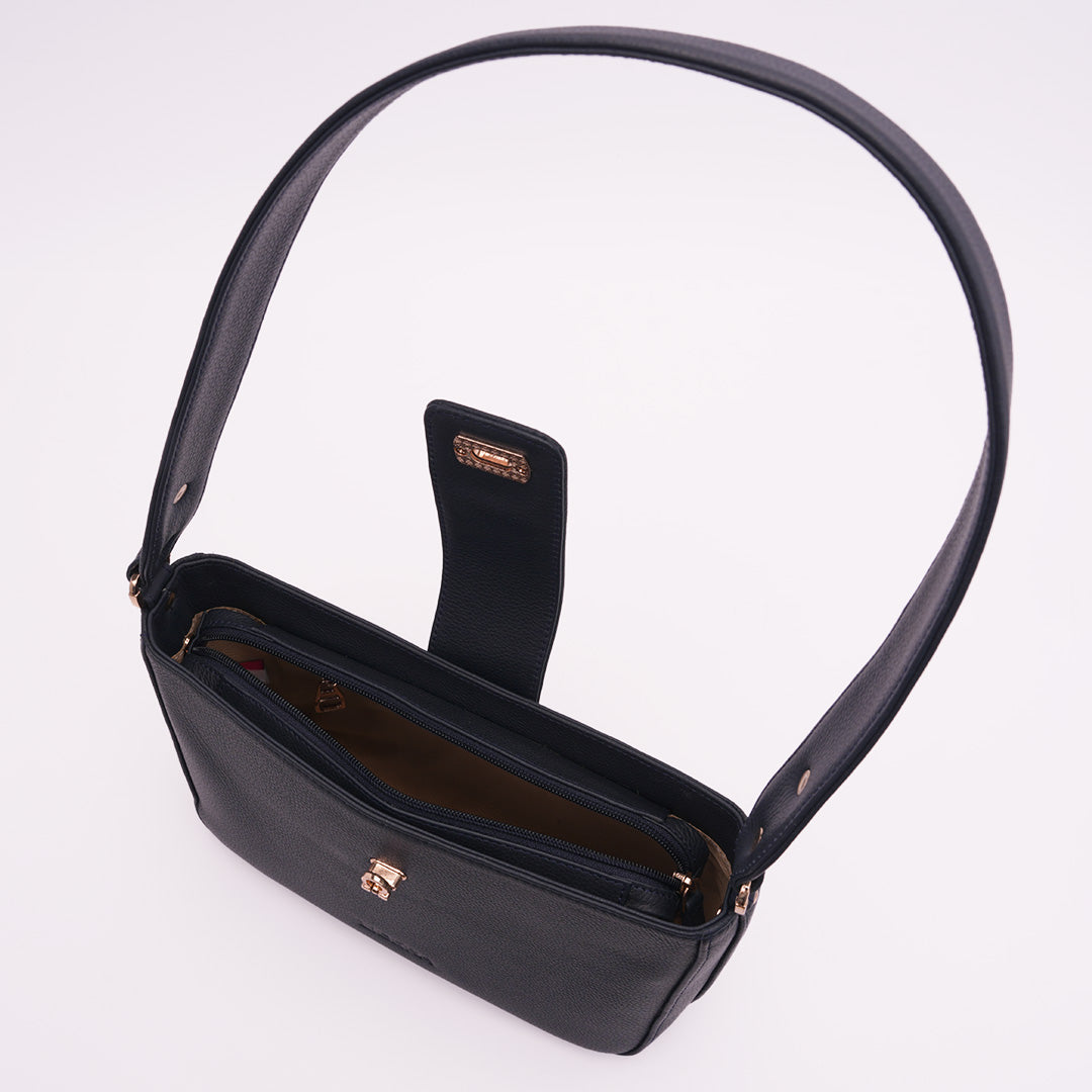Italian Leather Ladies Shoulder Bag - Navy
