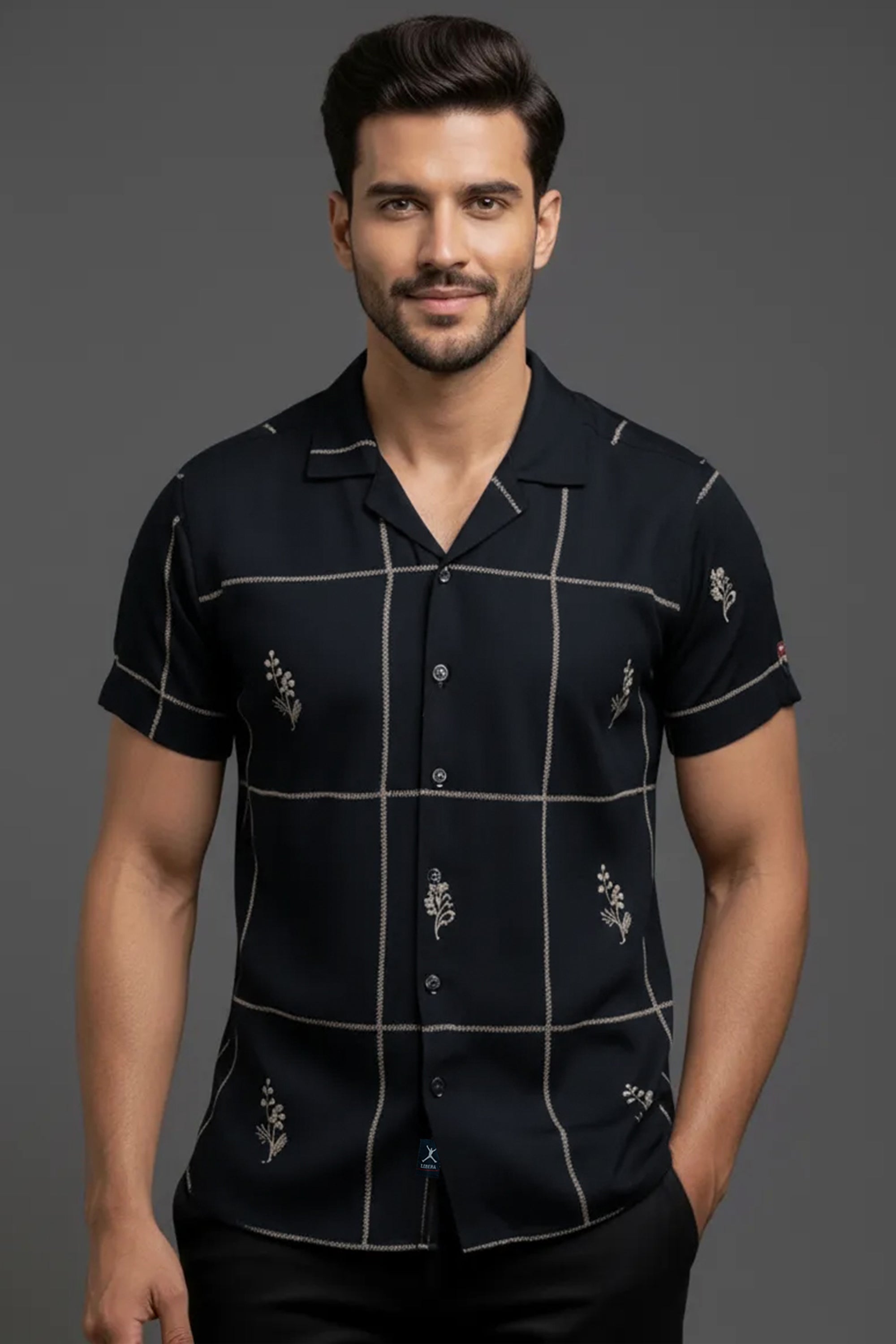 Slim Fit Printed S/S Shirt - Black | Beige