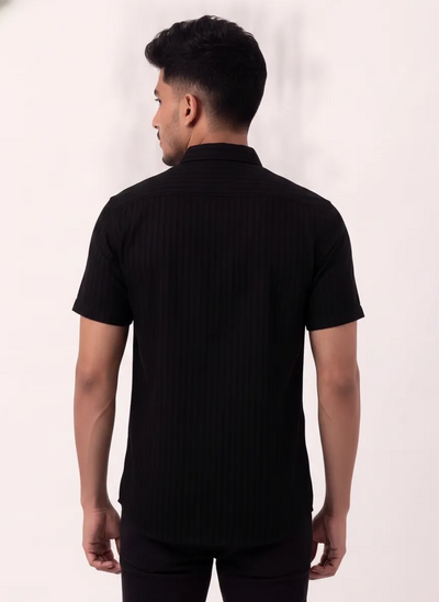 Slim Fit Cotton Linen Stripes S/S Shirt - Black