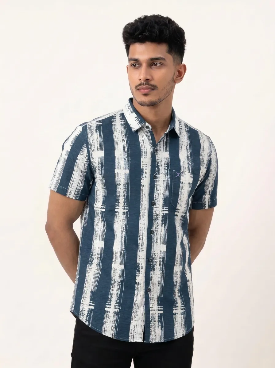 Slim Fit Cotton Linen Stripes Shirt S/S - Steel Blue