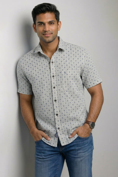 Slim Fit Cotton Linen Printed S/S Shirt