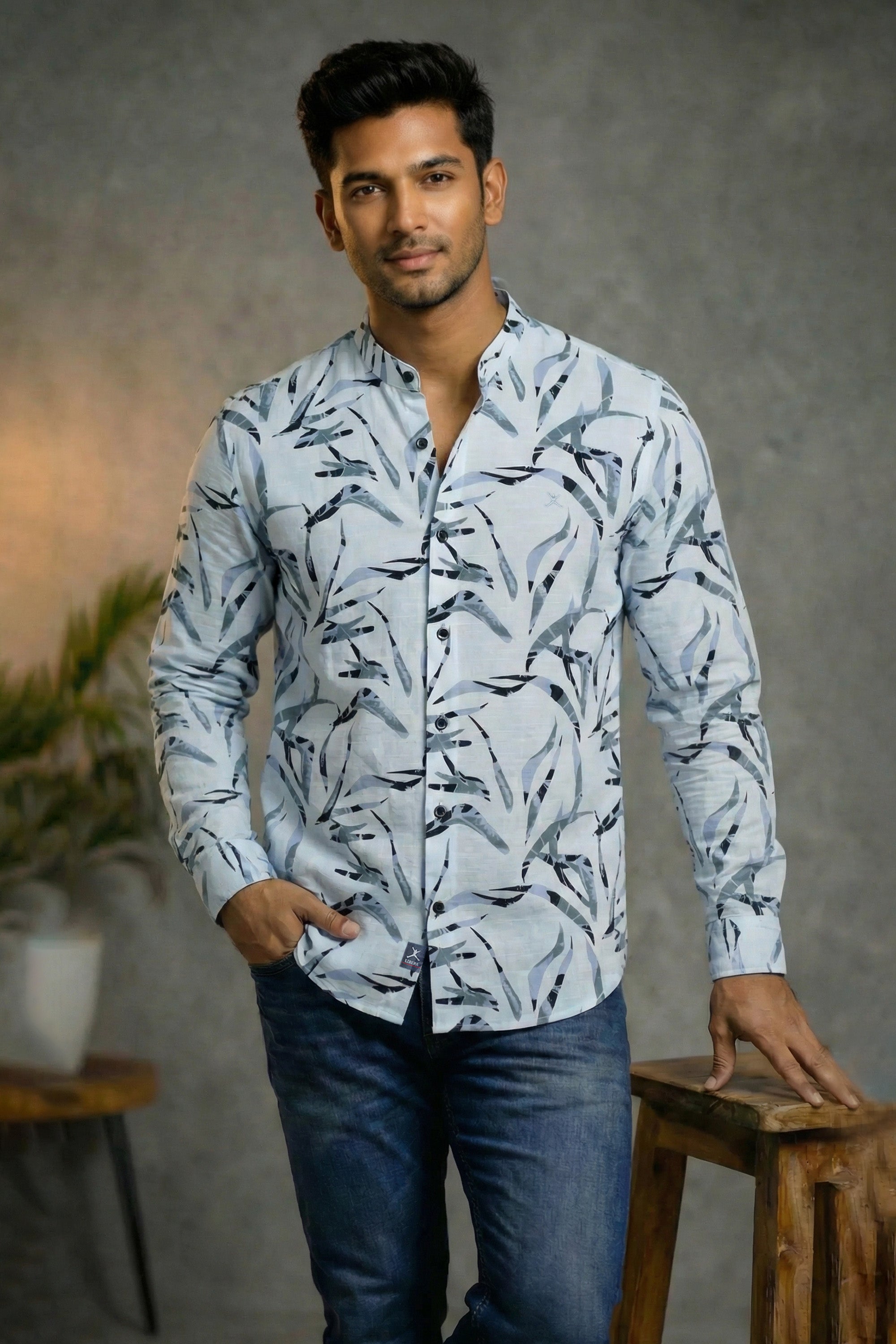 Slim Fit Cotton Linen Printed L/S Shirt
