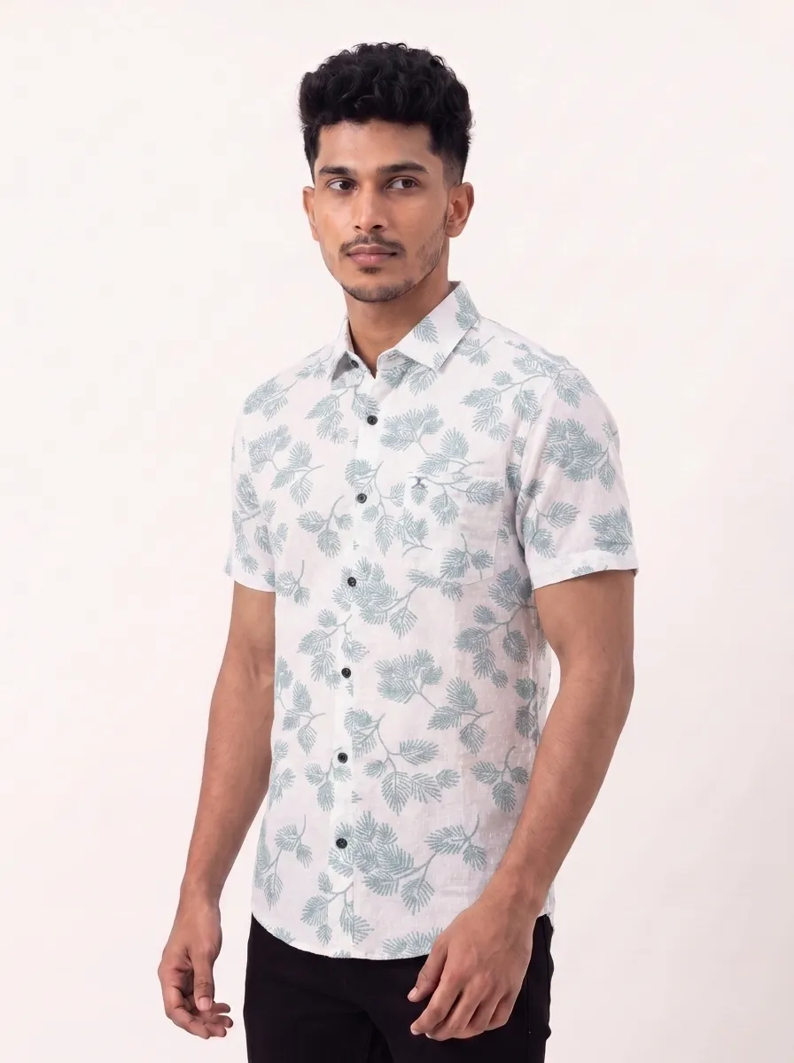 Slim Fit Cotton Fern Printed S/S Shirt - Light Blue