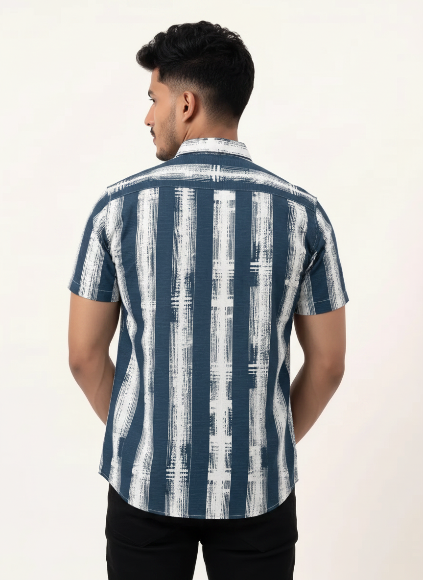 Slim Fit Cotton Linen Stripes Shirt S/S - Steel Blue