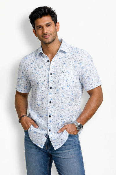 Slim Fit Cotton Linen Printed S/S Shirt